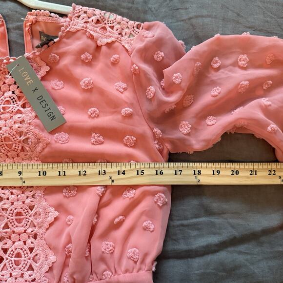 Love x Design Long Sleeve Mini Dress Swiss Dot Chiffon Lace Pink Size Small New - Picture 7 of 10